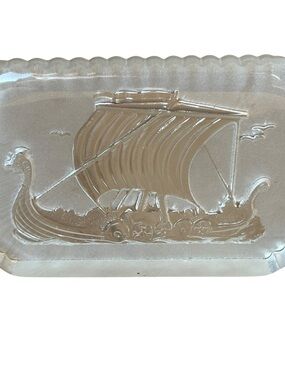 Viking Longship Art Glass Frost Carving Vintage Etched Paperweight